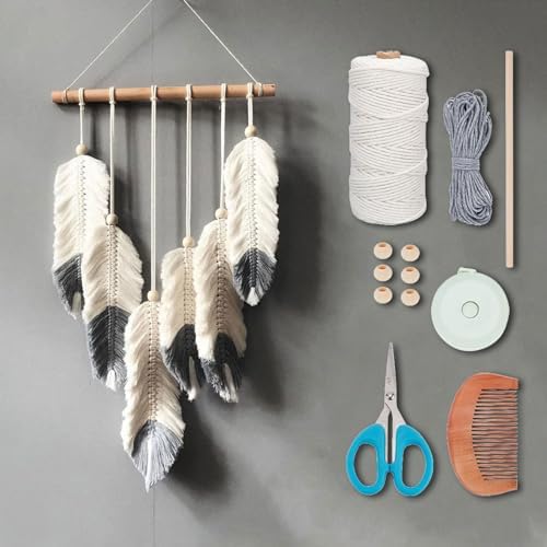 ORIGACH DIY Macrame Feather Wall Hanging Kit Boho White and Dark Gray Feather Tapestry Macrame Kit for Adults Beginner Handmade Rustic Macrame Feathers Leaf Wall Hanger Decor for Living Room Bedroom by ORIGACH