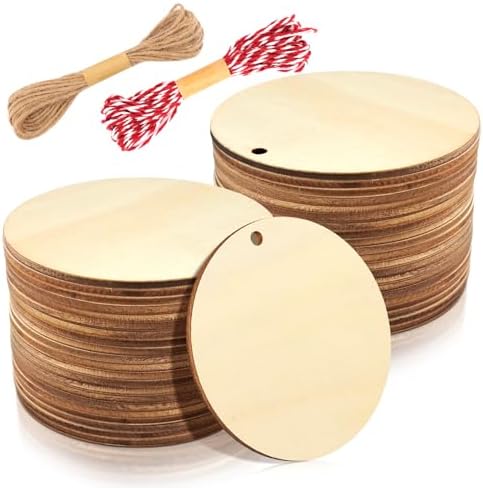FSWCCK 50 Pcs 3in Wood Circles with Holes & Ropes, Discs for Painting DIY by FSWCCK