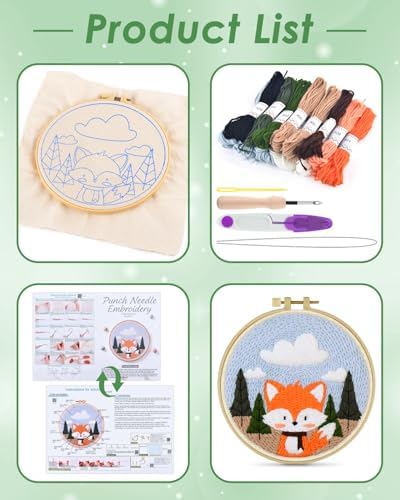 ERKOON Punch Needle Kit for Beginners Adults, DIY Easy Animal Embroidery Set for Starter Art Craft, Needling Punch Project with Patterns, Tools, Yarns, Hoop, Instruction (Fox) - Image 2