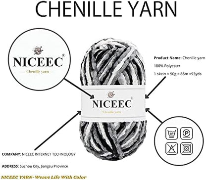NICEEC 3 Skeins Soft Chenille Yarn 3x85m(3x93yds,3x50g)_Black White Gray - Image 4