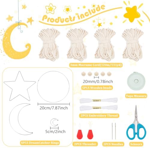 Macrame Kits for Adults Beginners Easy 3 Set Moon Star Craft Kits DIY Dream Catcher Kit with Instructions Video Macrame Wall Hanging Supplies Dream Catcher Kit for Room Wall Decoration - Image 2
