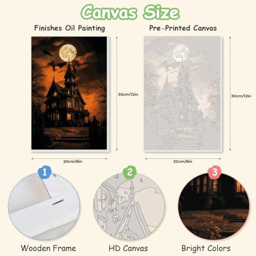 Spandrel Paint by Numbers for Adults Halloween Haunted House Canvas Oil Painting Kit, Gothic Spooky Full Moon Horror Landscape Number Painting, Dark Halloween Wall Art Decor Gift for Beginners - Image 2