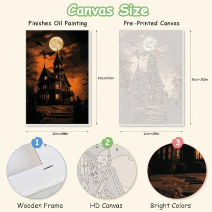 Spandrel Paint by Numbers for Adults Halloween Haunted House Canvas Oil Painting Kit, Gothic Spooky Full Moon Horror Landscape Number Painting, Dark Halloween Wall Art Decor Gift for Beginners - Image 2