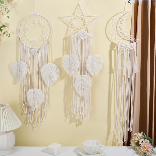 ACRNIGHEET 3 Sets Moon/Star/Dream Catcher Macrame Kit for Adults Beginners Boho Macrame Wall Hanging Decor with Video Tutorials Handmade Woven Boho Home Decor for Bedroom Dorm Decoration - Image 5