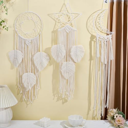 ACRNIGHEET 3 Sets Moon/Star/Dream Catcher Macrame Kit for Adults Beginners Boho Macrame Wall Hanging Decor with Video Tutorials Handmade Woven Boho Home Decor for Bedroom Dorm Decoration - Image 5