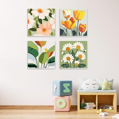 MXJSUA 4 Pack Flowers Green Plant Framed Paint by Numbers Kit with Canvas for Adults Beginner, DIY Acrylic Oil Painting Kits with Brushes for Home Wall Decor Gift (8x8 inch) - Image 2