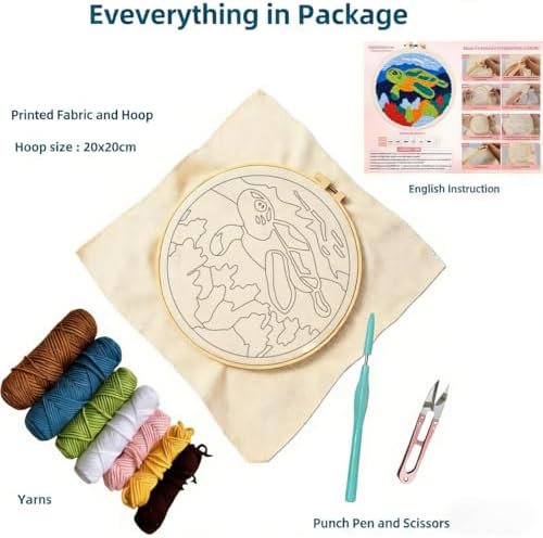 DIY Punch Needle Kits Green Sea Turtle with Hoop 20x20cm-5 - Image 2