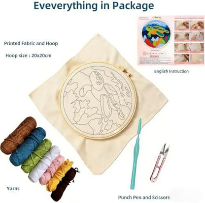 DIY Punch Needle Kits Green Sea Turtle with Hoop 20x20cm-5 - Image 2