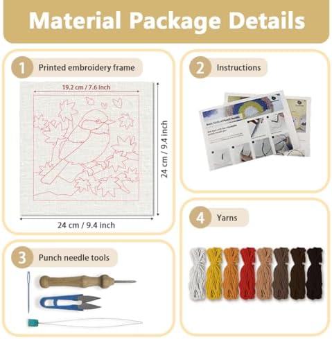 DOODLREAM Chickadee in Autumn Needle Kit for Beginner, 9.4"x 9.4" Fall Bird Punch Stitching Craft Set, DIY Embroidery Starter with Printed Frame, Instruction, Threader, Yarn, Pinch Needle - Image 2
