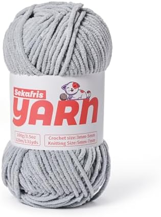 Plush Chunky Chenille Yarn for Crocheting, Soft Fluffy Velvet Yarn for Crocheting, Fuzzy Baby Blanket Knitting Yarns, 100g/131yds Bulky Amigurumi Yarns（Grayish） by Sekafris