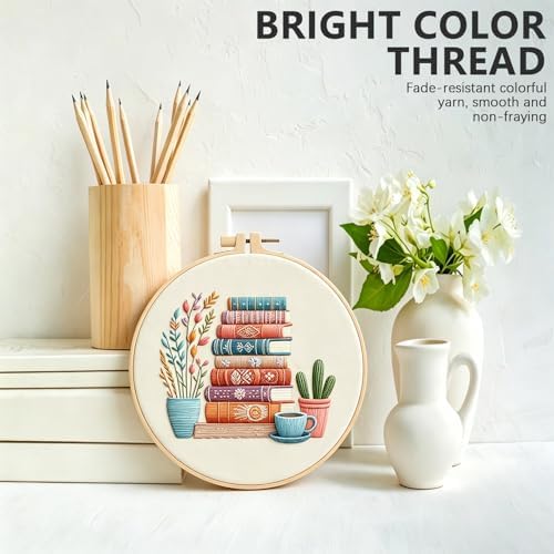 DIY Embroidery Kit for Beginners Adults, Stamped Books, Flowers & Coffee Pattern Embroidery Kit, Cross Stitch Set Include Embroidery Cloth Hoops Threads Needles Instruction, for Home Ofiice DIY Gift - Image 4