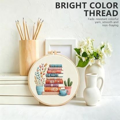 DIY Embroidery Kit for Beginners Adults, Stamped Books, Flowers & Coffee Pattern Embroidery Kit, Cross Stitch Set Include Embroidery Cloth Hoops Threads Needles Instruction, for Home Ofiice DIY Gift - Image 4