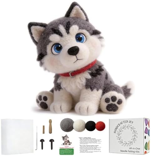 FACE N FACE DIY Needle Felting Kit Cute Siberian Husky Puppy – Needle Felting Starter Kit with Fiber Roving, Needles, Felting Pad & Instructions | Felted Dog Kit for Beginners Adults | DIY Craft Gift by FaceNFace