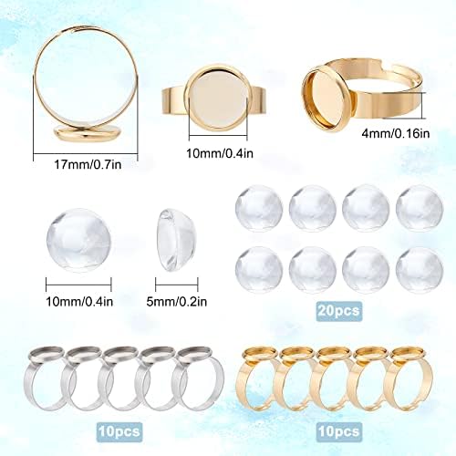 SUNNYCLUE 1 Box 40Pcs DIY 20 Sets Adjustable Stainless Steel Ring Base Clear Glass Cabochon Settings for Jewelry Making Finger Rings Blanks Components Ring Making Kit Adult Craft Supplies Mixed Color - Image 2