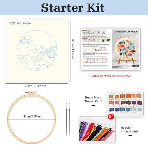 Black Cat Riding a Shark and a Sailboat Stamped Pattern Embroidery Kit for Beginners Adults Includes Cloth,Hoop,Color Threads,Needles and Instruction,Lover Hand Stitch with Embroidery Skill Techniques - Image 3