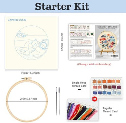 Black Cat Riding a Shark and a Sailboat Stamped Pattern Embroidery Kit for Beginners Adults Includes Cloth,Hoop,Color Threads,Needles and Instruction,Lover Hand Stitch with Embroidery Skill Techniques - Image 3