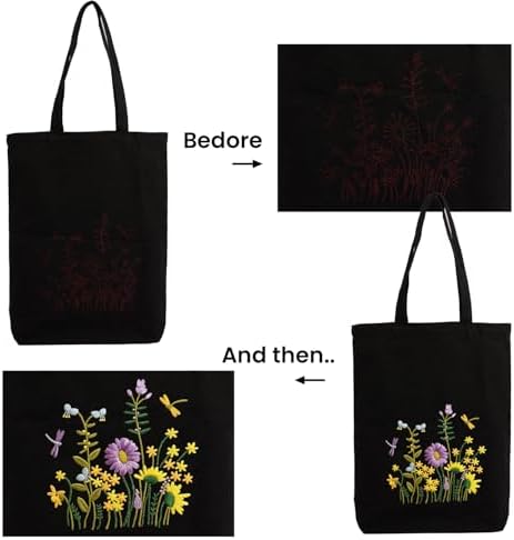 CREAWONDER Canvas Tote Bag Embroidery Kit with Pattern for Beginners, Arts and DIY Embroidery Crafts Kits for Adults, Include Instructions, Embroidery Hoops, Color Threads and Tool - Image 5