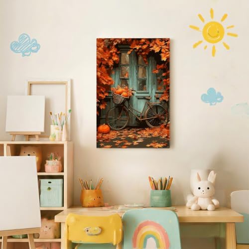 Spandrel Autumn Framed Paint by Numbers Kit for Adult Bicycle, Adult Paint by Number Kits on Canvas Fall Landscape, DIY Acrylic Oil Halloween Painting by Numbers for Home Wall Decor, 8x12in - Image 3