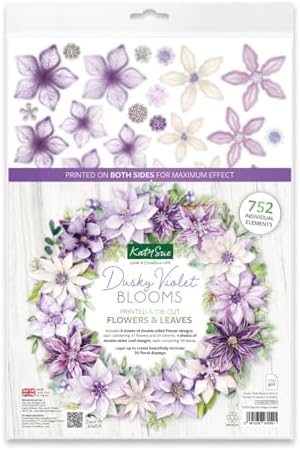 Katy Sue Dusky Violet Blooms, Die Cut Flowers & Leaves Pack. 12 Sheets of Pre-Cut Double-Sided Paper Flowers & Leaves in a Purple Colorway from Card Making Supplies. UK-Made. by KatySue
