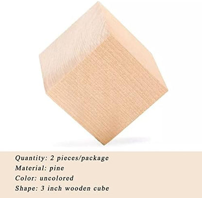 Wood Blocks for Crafts, Large Unfinished Wood Cubes, 3 Inch Natural Wooden Blocks, Pack of 2 Pine Square Blocks for Arts and Crafts and DIY Projects - Image 2