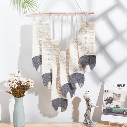 ORIGACH DIY Macrame Feather Wall Hanging Kit Boho White and Dark Gray Feather Tapestry Macrame Kit for Adults Beginner Handmade Rustic Macrame Feathers Leaf Wall Hanger Decor for Living Room Bedroom - Image 4