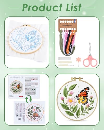 ERKOON Embroidery Kit for Beginners Adult, Flower Cross Stitch Set Include Embroidery Cloth Hoops Threads for Craft Lover Hand Stitch with Embroidery Skill Techniques (Butterfly) - Image 2