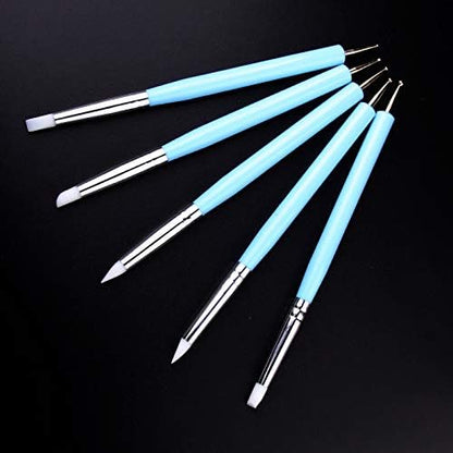 5 pcs/Set Soft Pottery Clay Tool Silicone & Stainless Steel Two Head Sculpting Polymer Modelling Shaper Art Tools Blue - Image 2