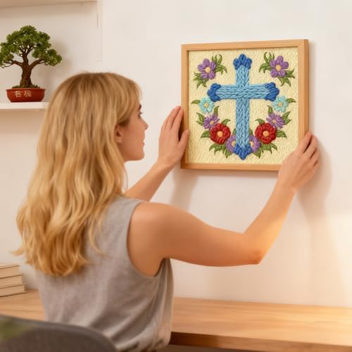 INFUNLY Cross Flowers Punch Needle Kits for Beginner Adult Floral DIY Punch Needle Embroidery Starter Kit for Wall Hanging Blue Cross Needlepoint Kit with Instruction for DIY Crafts Gift Home Decor - Image 7