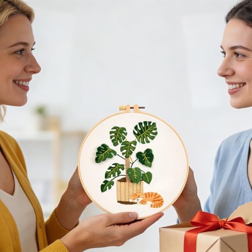 Monstera Embroidery Kits for Beginners Adults, Cat Hand Embroidery Kits, Potted Plant Cross Stitch Kits for Beginners DIY Craft Kits for Adult Women, Entire Set of Embroidery Supplies & Video Tutorial - Image 7