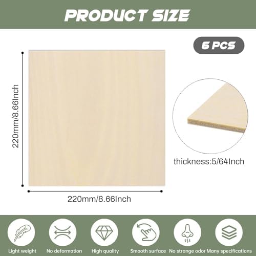 6 Pack Plywood Sheets, 8.66" x 8.66"x 5/64" Basswood Sheets - Image 2