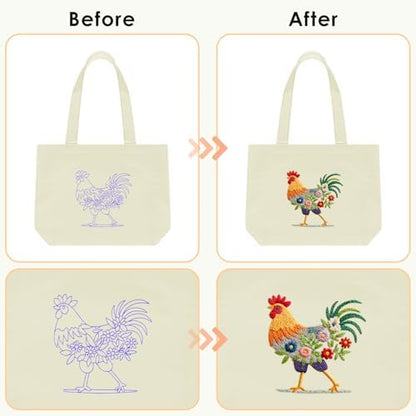 ERKOON Canvas Tote Bag Embroidery Kit for Beginners, Floral Arts Crafts Cross Stitch Kits for Adults Including Stamped Embroidery Bag with Hoops, Needle, Instruction and Color Threads (Rooster) - Image 5