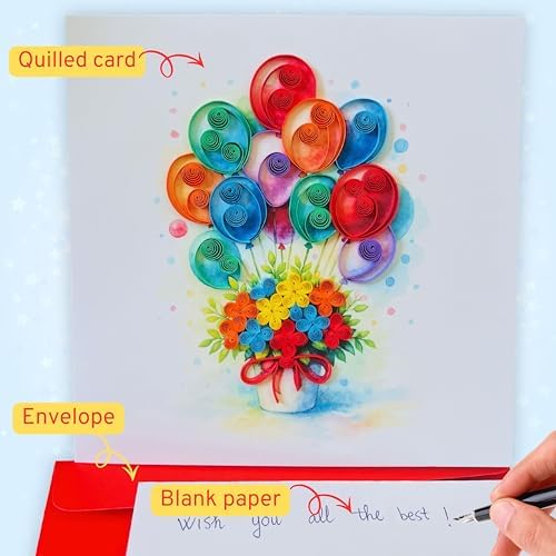 Quilling Cards, handmade card, quilled cards with Dedicated Paper, quilling birthday cards for women or all occasions: Mother's day, Greeting card, Birthday... daisy bouquet (Flowers with dragonfly) (Flying balloons) - Image 5