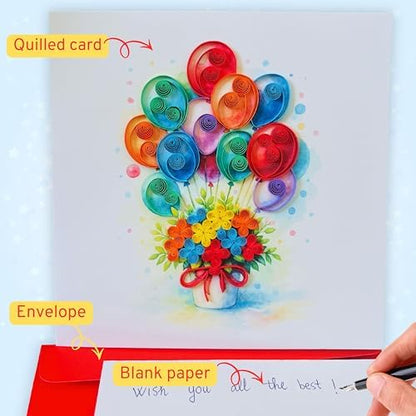 Quilling Cards, handmade card, quilled cards with Dedicated Paper, quilling birthday cards for women or all occasions: Mother's day, Greeting card, Birthday... daisy bouquet (Flowers with dragonfly) (Flying balloons) - Image 5