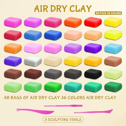48 PCs Air Dry Clay Kit for Kids Age 3-12 with 3 Sculpting Tools 36 Colors - Image 2