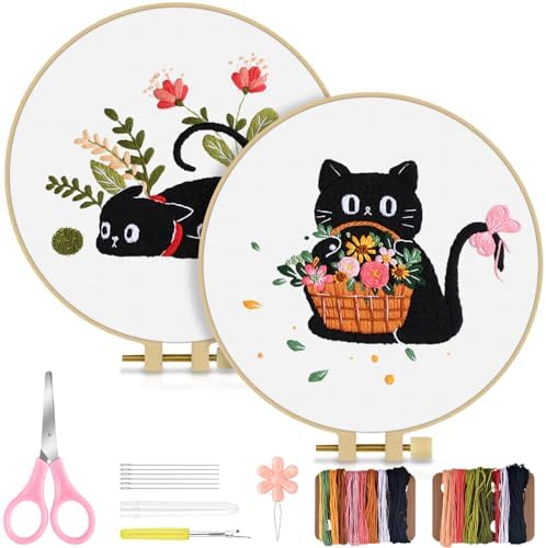 TINDTOP 2 Pack Embroidery Kit for Adult Beginners, Embroidery DIY Starter Kit, with Black Cat and Flowers Stamped Patterns, Hoop, Tools, Colorful Threads with Needles, Instructions by TINDTOP