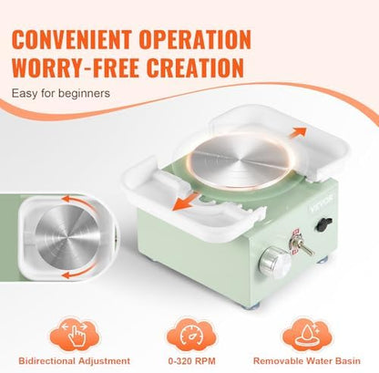 VEVOR Mini Pottery Wheel for Kids and Adults, 2 Turntables 2.6in/3.9in, 0-320RPM Speed Adjustable, Complete Pottery Kit With 18pcs Accessories Tools, Craft Christmas Gifts for Kids Teens Adults, Green - Image 3
