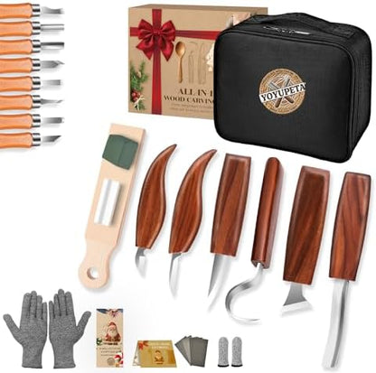 Wood Carving Kit, 30-Piece Professional Whittling & Carving Tool Set with Walnut Handle Knives, Detail Gouges, Sharpening Stone, Strop & Cut-Resistant Gloves for Adult Hobbyists and Craft Use by YOYUPETA