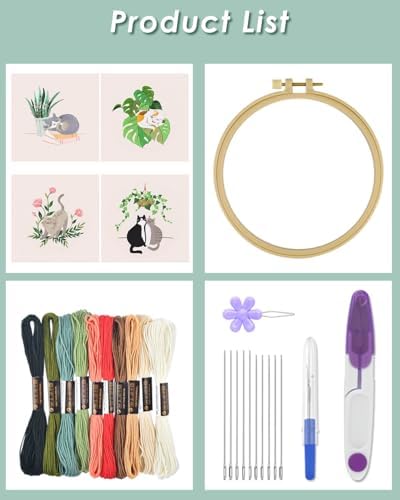 ERKOON 4 Sets Embroidery Kit for Beginners,Hummingbird and Flower Cross Stitch Set for Include Embroidery Cloth Hoops Threads for Craft Lover Hand Stitch (Cat) - Image 5