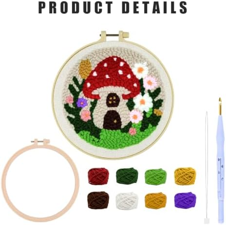 DIY Punch Needle Kit for Beginners, All-in-One Embroidery Starter Set for Adults & Teens with Pre-Stamped Fabric, Soft Yarn & Adjustable 7.87IN Hoop for Wall Art & Home Decor Craft (Red Mushroom) - Image 2