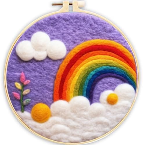 CaptainCrafts Needle Felting Kit, Wool Felt Supplies, Embroidery Hoops, Wool Painting Tools Needle Felting Starter Kit for DIY Decoration (White Cloud Rainbow) by CaptainCrafts