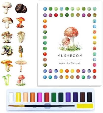 CraftyManor Watercolor Workbook Creative Insect Water color Paint Book Set with Paints & Brush, 12 Patterns of Original DIY Designs, Beginner-Friendly Adult Coloring Books (Mushroom) by CraftyManor