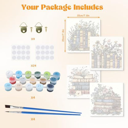 Lxmsja 4 Pack Floral Library Paint by Numbers Kit for Adults, Easy Framed Paint by Numbers for Adults Beginner, DIY Acrylic Oil Painting Craft Kits for Home Wall Decor 8x8 inch - Image 6