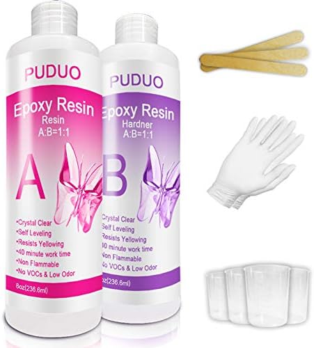 Epoxy Resin Crystal Clear Kit for Art, Jewelry, Crafts, Coating- 16 OZ Including 8OZ Resin and 8OZ Hardener | Bonus 4 pcs Measuring Cups, 3pcs Sticks, 1 Pair Rubber Gloves by Puduo by PUDUOResinWorld
