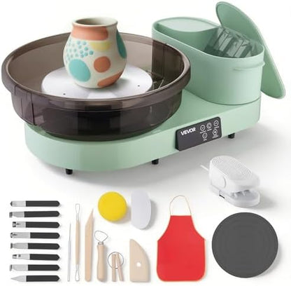VEVOR Pottery Wheel for Adults, 14" and 11" Turntables, 450W Electric Table Top Pottery Wheel with Foot Pedal, 30-300 RPM Adjustable Speed, Aluminum Body, for Beginners, DIY Clay Art Craft, Green by VEVOR