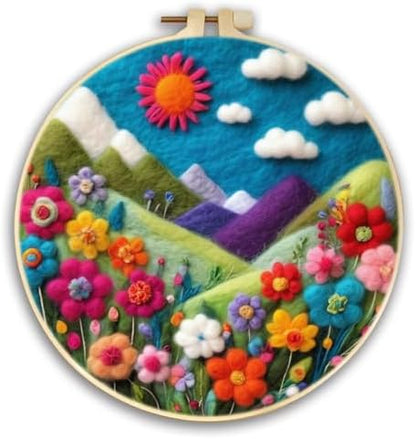 CaptainCrafts DIY Needle Felting Starter Kit with Picture Hoop, Foam Pad, Felt Cloth, Instructions for Home Decoration, Beginner Art Craft (Colourful Flowers and Mountains) by CaptainCrafts