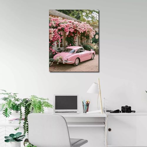 TUMOVO Framed Paint by Numbers Kit for Adults Pink Car, Flowers Painting Kits for Beginners, DIY Acrylic Paint by Numbers Kits on Canvas, Oil Painting Paintwork Art Crafts for Home 16"x20" - Image 2