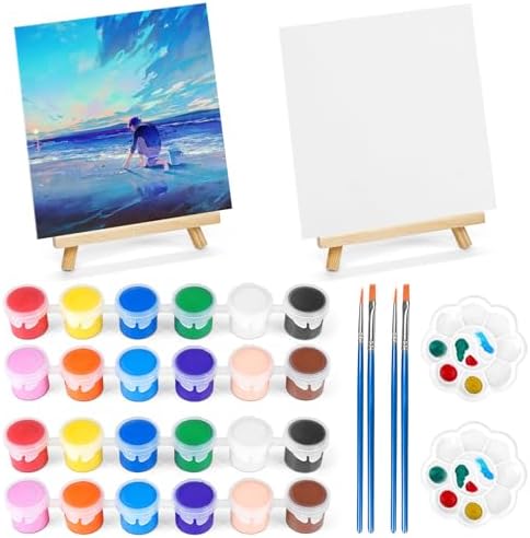 2 Pack 8 * 10In Canvas Boards for Painting, Art Canvas for Drawing with 4 Brushes & 2Paint Trays & 4 Acrylic Paint, Mini Painting Canvas with Easel Set, Painting Kits for Adults Party by Pomaylor