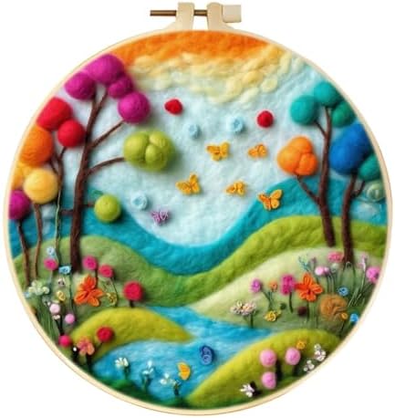 CaptainCrafts DIY Needle Felting Starter Kit with Picture Hoop, Foam Pad Felt Cloth Instructions for Home Decoration Beginner Art Craft (River Garden) by CaptainCrafts