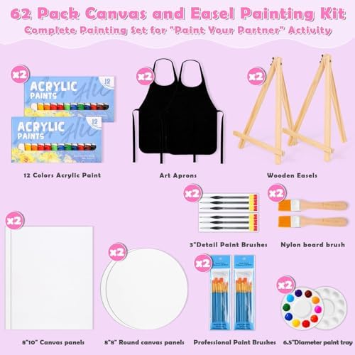 Date Night Painting Kit, 62 Pcs Detail Paint Brushes Canvas Panels with Wood Easel 12 Colors Acrylic Paint, Circular Canvas Art Aprons Sip and Paint Supplies for Adults and Beginner - Image 3