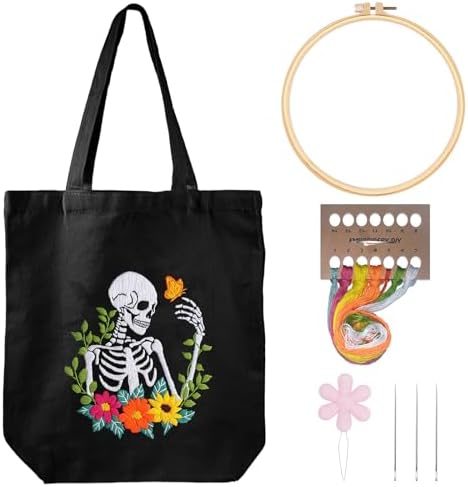Louise Maelys Halloween Embroidery Kit Canvas Tote Bag, Skull Floral by LouiseMaelys